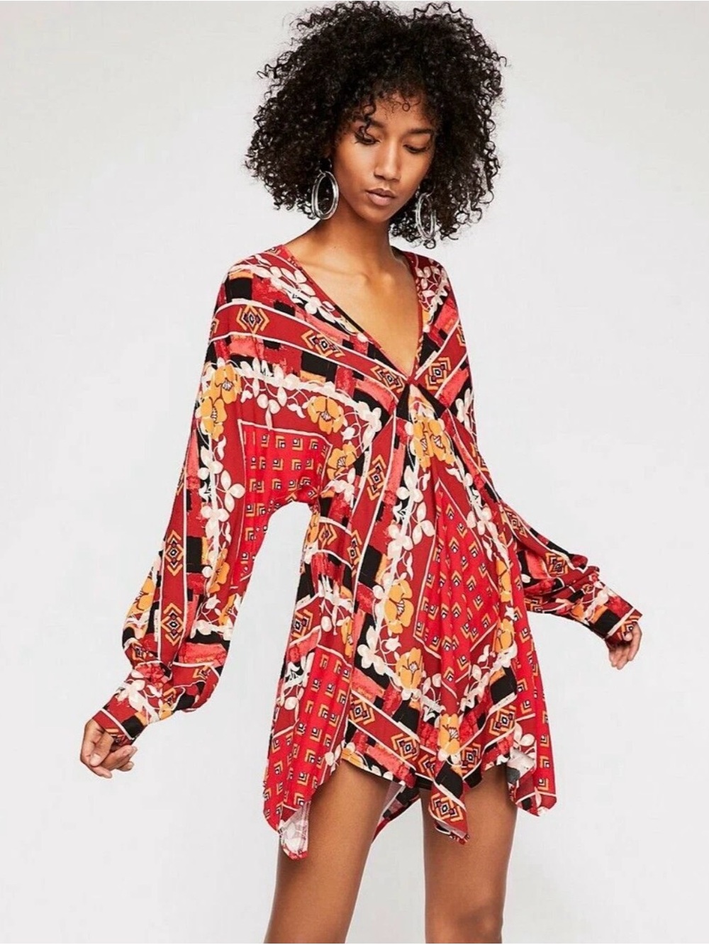 Free People Ride To The Sunset Tunic Top Mini Dress Red Long Sleeve Boho Flowy